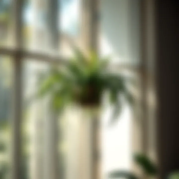 Spider Plant in Natural Light A vibrant spider plant hanging elegantly in a sunlit window, demonstrating its graceful foliage.