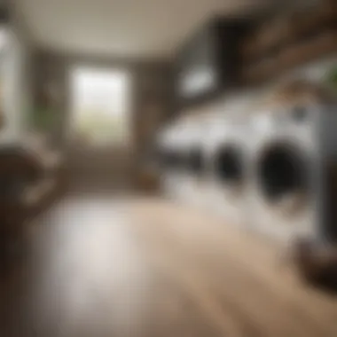 A well-organized laundry room featuring laminate flooring and creative storage solutions.