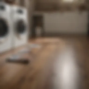 Various laminate flooring samples displayed next to a washing machine.