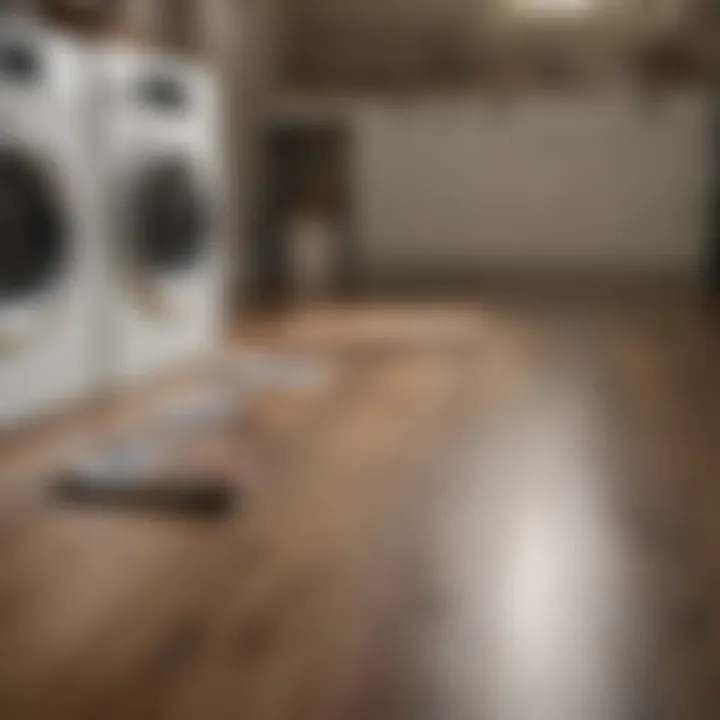 Various laminate flooring samples displayed next to a washing machine.