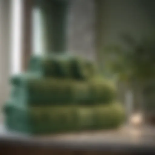 Luxurious kelly green bath towels arranged elegantly on a bathroom shelf