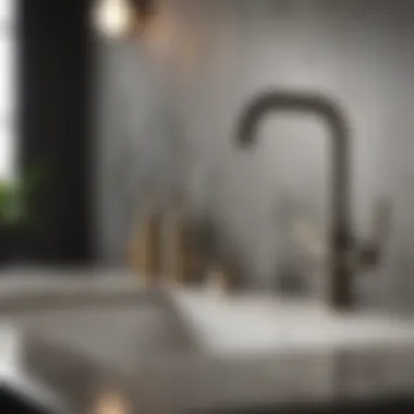 Variety of Kohler faucet styles displayed on a countertop.