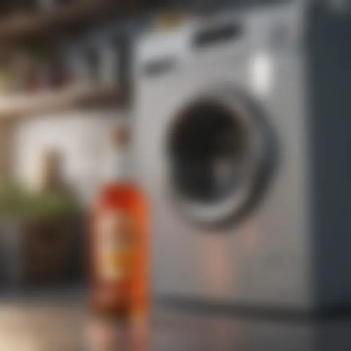 A clean laundry room with vinegar on the shelf