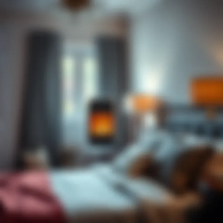 Stylish Space Heater in a Compact Bedroom Cozy small bedroom featuring a stylish space heater