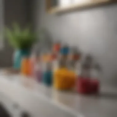 Colorful plastic storage jars on a bathroom countertop