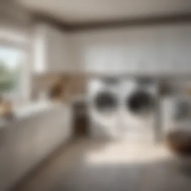 Stylishly organized laundry room with white cabinets and decor