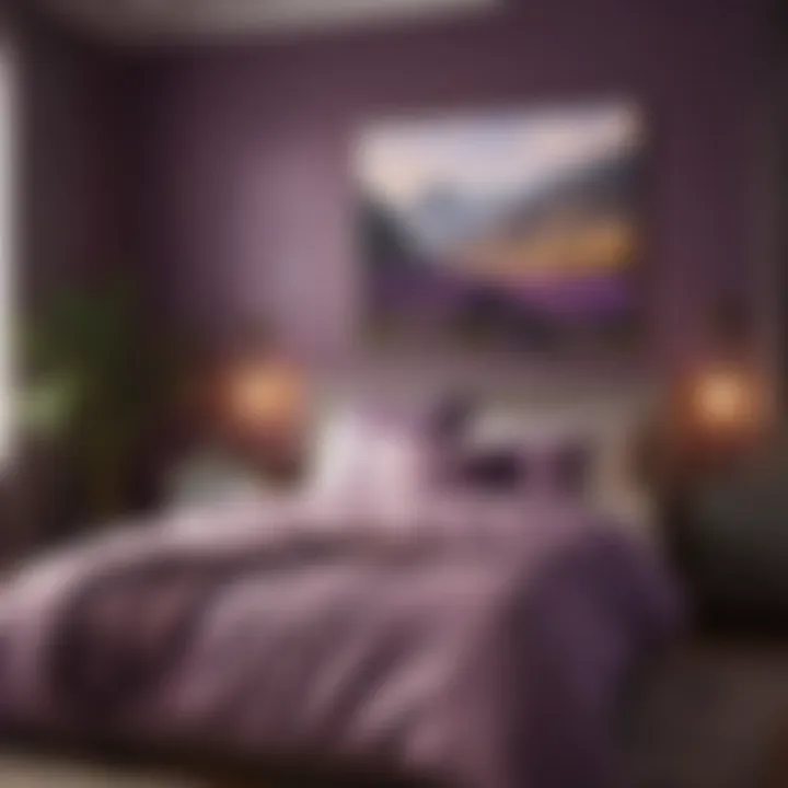 Serene landscape painting featuring purple hues in a cozy bedroom