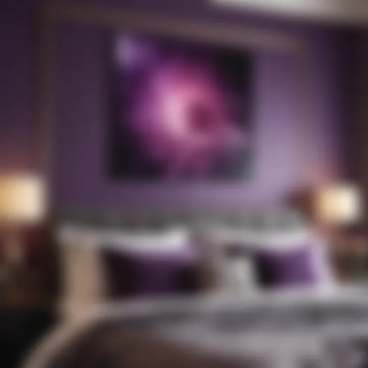 Close-up of purple artwork blending with modern bedroom decor