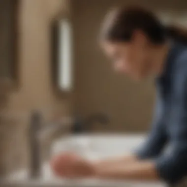 A homeowner inspecting the faucet for leaks