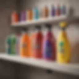 A collection of no bleach bathroom cleaners on a shelf