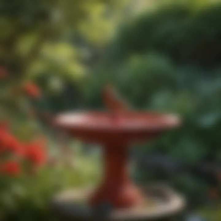 Birds enjoying a red birdbath in a tranquil garden setting