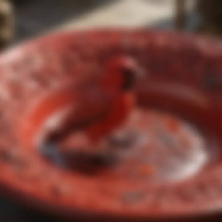 Close-up of a beautifully crafted red birdbath with intricate details