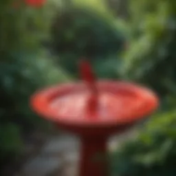 A vibrant red birdbath surrounded by lush greenery