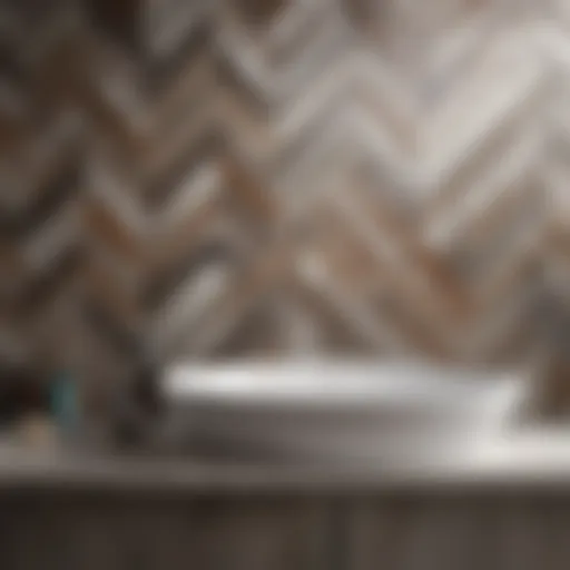 Close-up view of chevron tile patterns in a modern bathroom setting