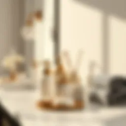 Elegant bathroom accessories arranged on a marble countertop