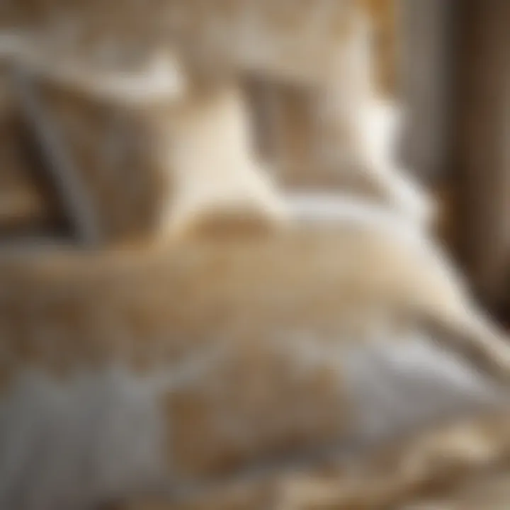 Close-up of elegant gold and white bedding with intricate patterns