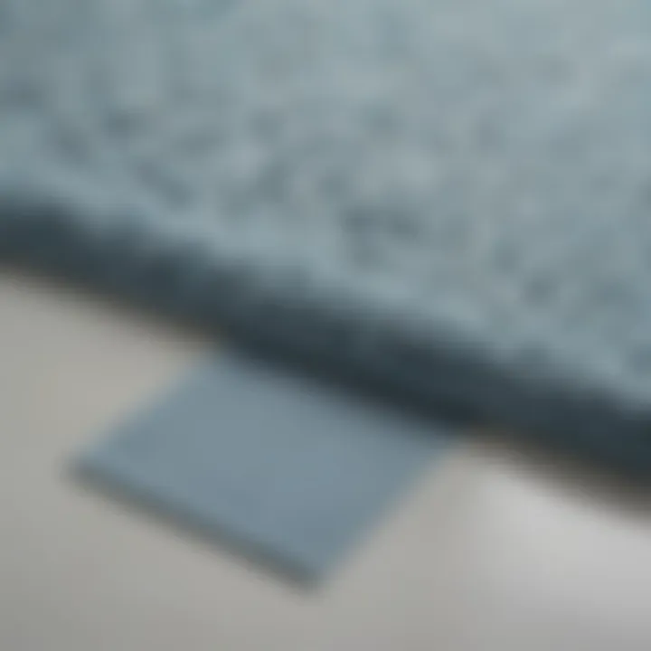 Close-up of materials used in light blue bathroom rugs