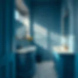 Elegant blue vanity with intricate detailing in a modern bathroom