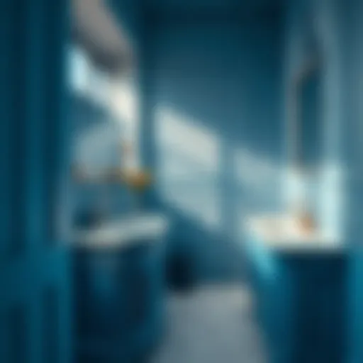 Elegant blue vanity with intricate detailing in a modern bathroom
