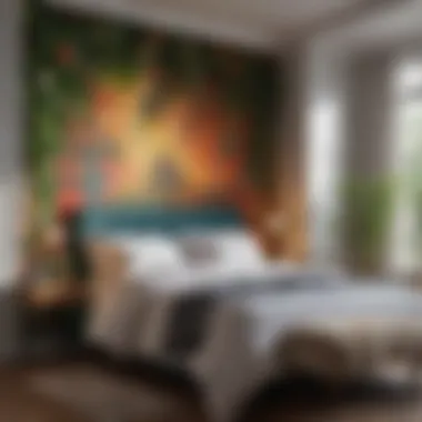 Vibrant Mural with Hanging Plants A beautifully decorated bedroom wall with a vibrant mural and hanging plants