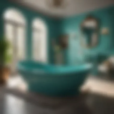 Luxurious bathtub surrounded by turquoise accents and decor