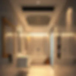 An elegant commercial bathroom with modern ventilation system.