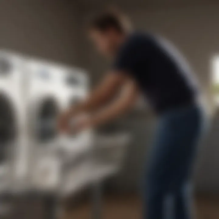 A person installing a new liner in a laundry cart with attention to detail