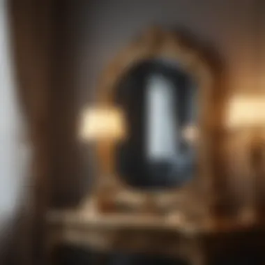 Vintage ornate mirror framed in gold placed over a nightstand