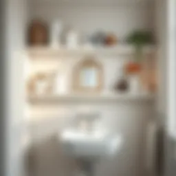 A pristine white wood bathroom shelf adorned with elegant decor items
